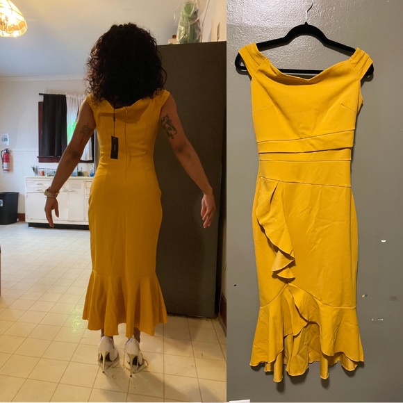 Yellow Knitee Off Shoulder V-Neck Pleat Waist Evening Cocktail Slit Formal Dress - Picture 5 of 5